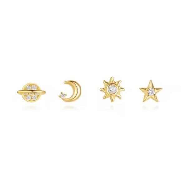 Bundle of 4! Stud Earring Set Celestial Gold CZ Star Moon Sun Planet Stacked Ear - Picture 5 of 6
